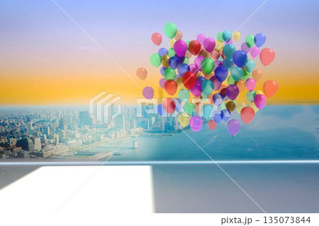 Many colourful balloons in room with city scene 135073844