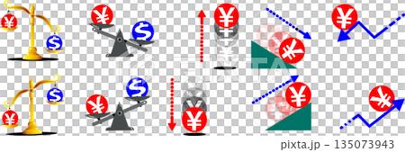 円安・円高と為替相場変動の概念図イラストセット（ドル・円） 135073943