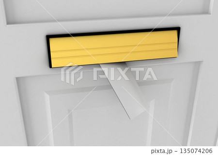 Flat design door is showcasing mail slot with gold flap lifting open and white envelope protruding 135074206