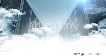 Cloud computing corridor is being shown in 3D render, with server racks, clouds and lens flare 135074219
