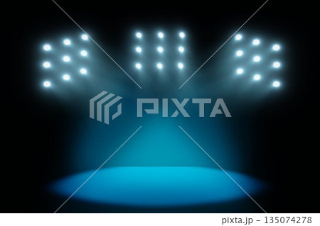 Flat design showing round stage glowing in blue spotlight with floodlight rigs illuminating theater Flat design showing round stage glowing in blue spotlight with floodlight rigs illuminating theater 135074278