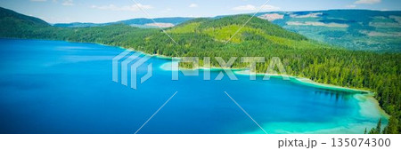 Expansive blue lake is being shown in flat design, with evergreen trees, hills and clouds 135074300