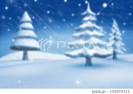Flat design illustrating calm winter night with snow-laden trees, snowy hills and star-filled sky 135074315