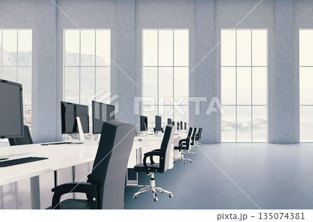 Empty open-plan office flat design illustration showing white desks, black chairs and screens 135074381