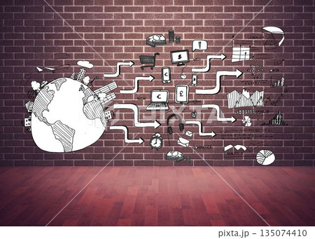 Black white graphic over brick lined wall 135074410