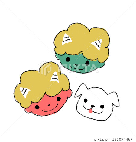 赤鬼と青鬼の子供と白い犬のやさしい手描き風イラスト　節分・豆まき・おたより・子ども向け　　 135074467