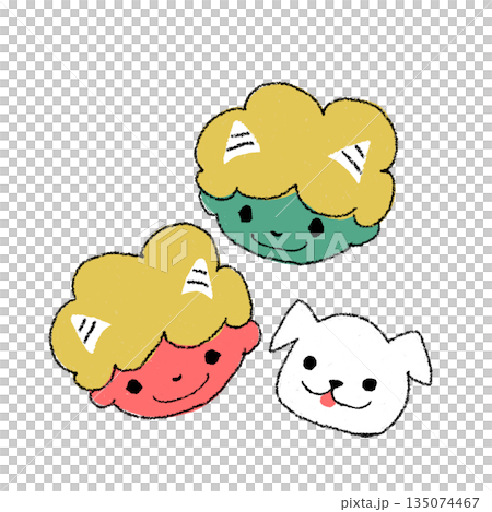 赤鬼と青鬼の子供と白い犬のやさしい手描き風イラスト　節分・豆まき・おたより・子ども向け　　 135074467