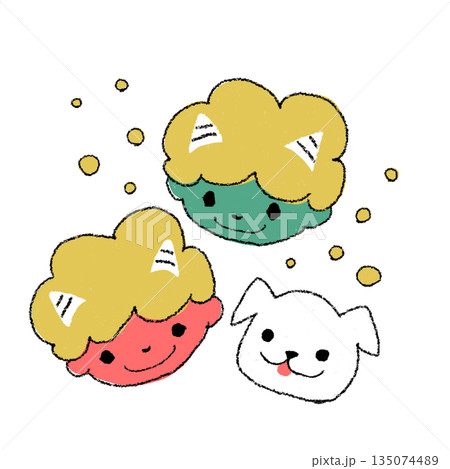 赤鬼と青鬼の子供と白い犬のやさしい手描き風イラスト（豆あり2）節分・豆まき・おたより・子ども向け　　 135074489