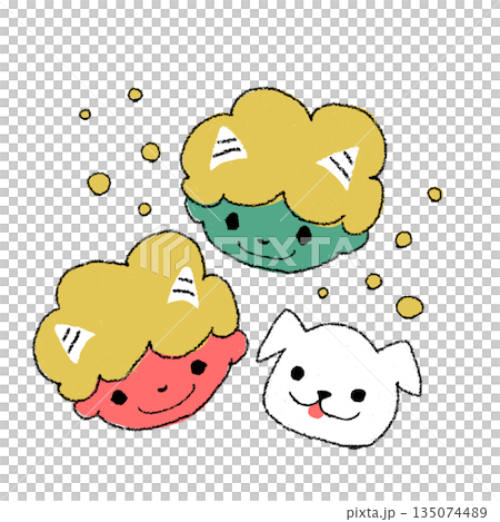 赤鬼と青鬼の子供と白い犬のやさしい手描き風イラスト（豆あり2）節分・豆まき・おたより・子ども向け　　 135074489