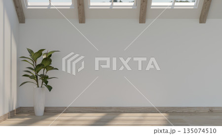 Houseplant pot or vase on wooden parquet floor with sunlight through roof window in white attic room 135074510