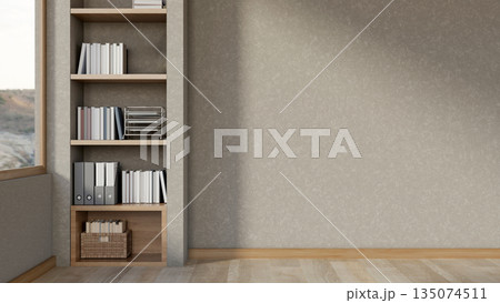 Build in bookshelf in gray cement loft wall aside window and wooden parquet floor in a modern room. Build in bookshelf in gray cement loft wall aside window and wooden parquet floor in a modern room. 135074511