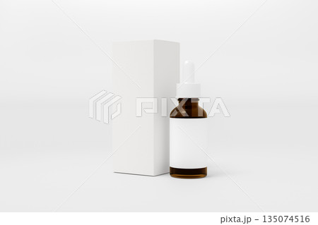 Blank label skincare liquid serum in amber glass dropper bottle and package box on white background. Blank label skincare liquid serum in amber glass dropper bottle and package box on white background. 135074516