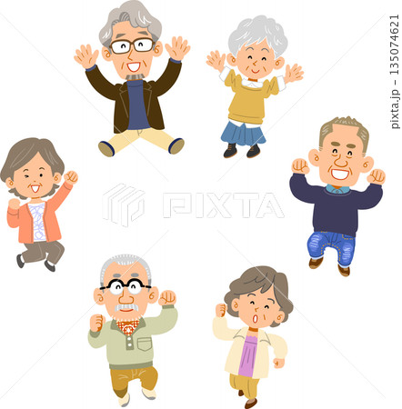 輪になってジャンプする6人のシニアの男女 135074621