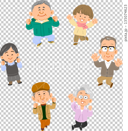 Six senior men and women jumping in a circle Six senior men and women jumping in a circle 135074623