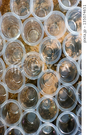 Top Down View of Empty Transparent Plastic Cups for Agar-Agar Jelly Making Top Down View of Empty Transparent Plastic Cups for Agar-Agar Jelly Making 135074651