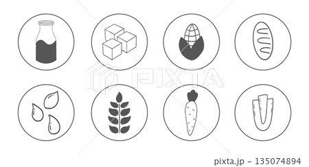 Set allergen free ingredients. Gluten free products warning symbols. Lactose, gluten, sugar, corn, egg, trans fat, soy, nut icon, dietary food badge. Minimal line organic design. Sign or stamp. Set allergen free ingredients. Gluten free products warning symbols. Lactose, gluten, sugar, corn, egg, trans fat, soy, nut icon, dietary food badge. Minimal line organic design. Sign or stamp. 135074894