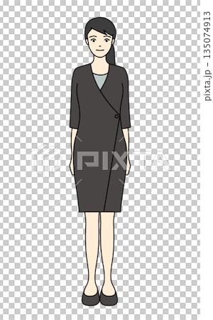 落ち着いたグレーのワンピース制服を着た女性の全身イラスト 135074913