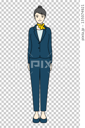 Full-body illustration of a woman wearing a navy blue pantsuit and a yellow scarf Full-body illustration of a woman wearing a navy blue pantsuit and a yellow scarf 135074921