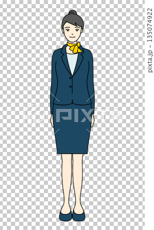 紺色のスーツと黄色のスカーフを着用した女性の全身イラスト 紺色のスーツと黄色のスカーフを着用した女性の全身イラスト 135074922