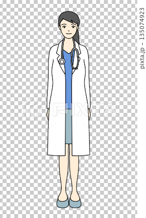 A full-body illustration of a smiling female doctor wearing a white coat and a stethoscope around her neck 135074923