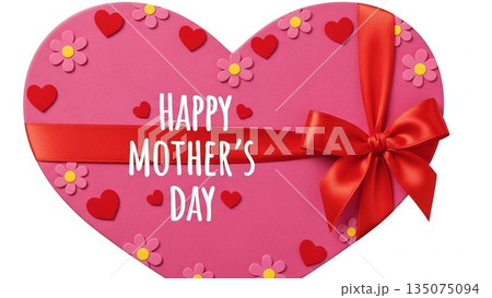 ピンク背景に赤いカーネーションとリボンの母の日イメージ 135075094