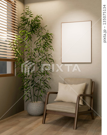 Blank frame over wooden armchair and bamboo in parquet floor room with sunlight through window blind Blank frame over wooden armchair and bamboo in parquet floor room with sunlight through window blind 135075134