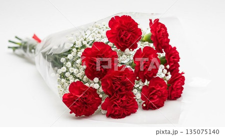 ピンク背景に赤いカーネーションとリボンの母の日イメージ ピンク背景に赤いカーネーションとリボンの母の日イメージ 135075140