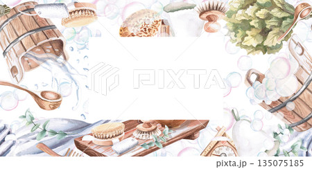 A rectangular frame with buckets of water, a towel, a broom, and washcloths. Isolated watercolor illustration for print design for spas, saunas, and bathhouses. 135075185