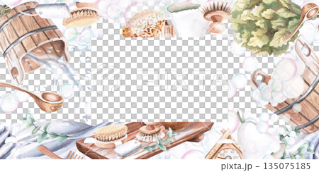 A rectangular frame with buckets of water, a towel, a broom, and washcloths. Isolated watercolor illustration for print design for spas, saunas, and bathhouses. 135075185