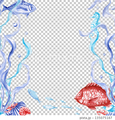 An underwater scene with fish. A watercolor illustration of the seabed for interior design, children's parties, and poster printing. An underwater scene with fish. A watercolor illustration of the seabed for interior design, children's parties, and poster printing. 135075187