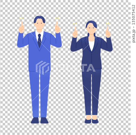 A business person introducing himself by pointing at the blank space above. A full-body illustration of a man and woman pointing. 135075412