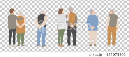 自立したシニアの後ろ姿イラストセット 日常の暮らしと見守り 自立したシニアの後ろ姿イラストセット 日常の暮らしと見守り 135075502