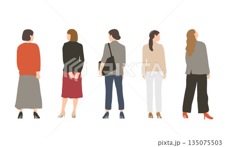 後ろ姿の女性ワーカーイラストセット 立ち姿 後ろ姿の女性ワーカーイラストセット 立ち姿 135075503
