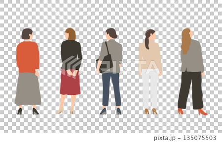 後ろ姿の女性ワーカーイラストセット 立ち姿 後ろ姿の女性ワーカーイラストセット 立ち姿 135075503