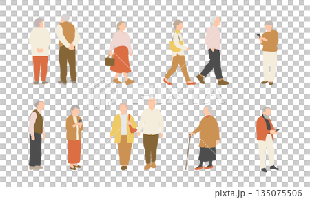 Independent senior illustration set: everyday standing and going out 135075506