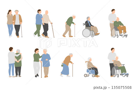家族や介助者に支えられる高齢者の暮らしイラストセット	 135075508
