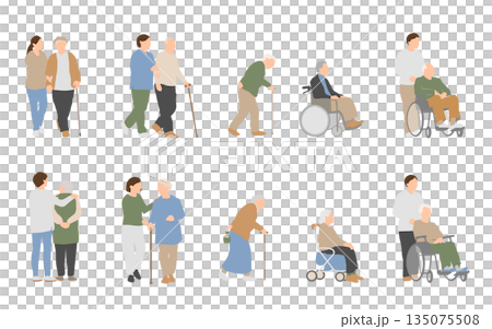 家族や介助者に支えられる高齢者の暮らしイラストセット	 135075508