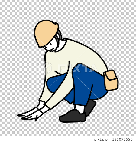 イラスト素材: しゃがんで作業する工事作業員の男性 135075550