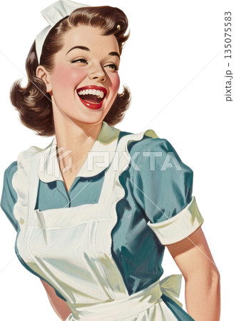 レトロな主婦のイラスト　笑顔で喜ぶ女性 135075583