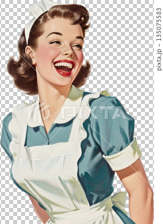 復古家庭主婦插畫：一位微笑的女性 135075583