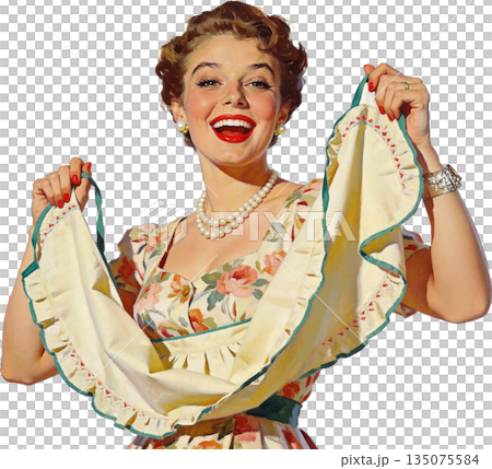 復古家庭主婦插畫：一位微笑的女性 135075584