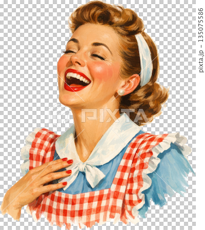 復古家庭主婦插畫：一位微笑的女性 135075586