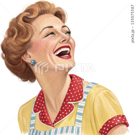 レトロな主婦のイラスト　笑顔で喜ぶ女性 135075587