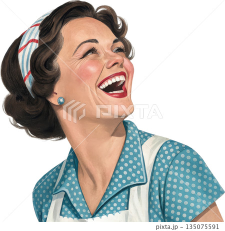 レトロな主婦のイラスト　笑顔で喜ぶ女性 135075591