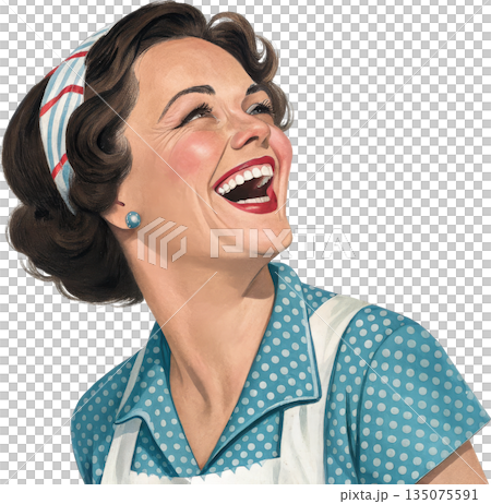 復古家庭主婦插畫:一位微笑的女性 復古家庭主婦插畫:一位微笑的女性 135075591