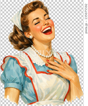 復古家庭主婦插畫：一位微笑的女性 135075592