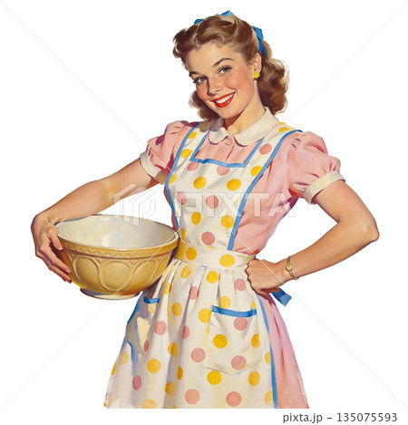 レトロな主婦のイラスト　笑顔で喜ぶ女性 135075593