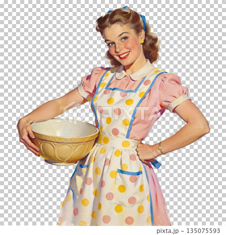 復古家庭主婦插畫:一位微笑的女性 復古家庭主婦插畫:一位微笑的女性 135075593