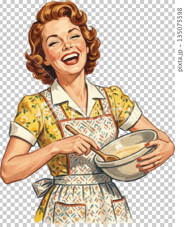 復古家庭主婦插畫：一位微笑的女性 135075598
