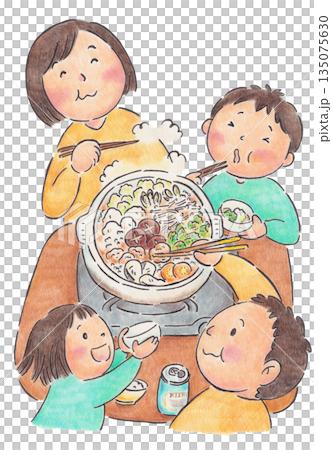 手繪插圖,描繪了一棟被火鍋包圍的房子 手繪插圖,描繪了一棟被火鍋包圍的房子 135075630